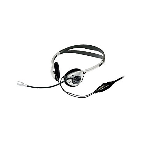 Ein silbernes Headset mit Mikrofon auf weißem Hintergrund.