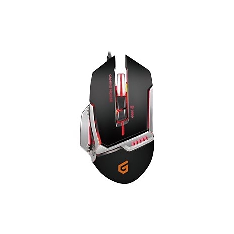 Schwarze Gaming-Maus mit rotem Lichtstreifen, Tasten und G-Logo auf weißem Hintergrund.