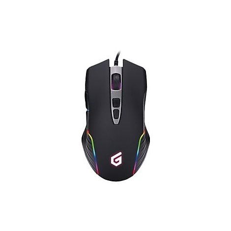 Schwarze Gaming-Maus mit RGB-Beleuchtung und G-Logo, vor weißem Hintergrund.