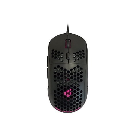 Schwarze Gaming-Maus mit Wabenmuster-Gehäuse und pinker Innenbeleuchtung vor weißem Hintergrund.