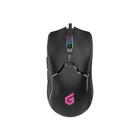 Schwarze Gaming-Maus mit RGB-beleuchtetem Scrollrad und pinkem Logo auf dem Mausrücken.