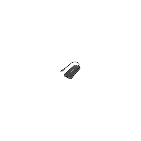 Schwarzer USB-C-Hub mit AnschlÃ¼ssen, Kabel, isoliert auf weiÃŸem Hintergrund.