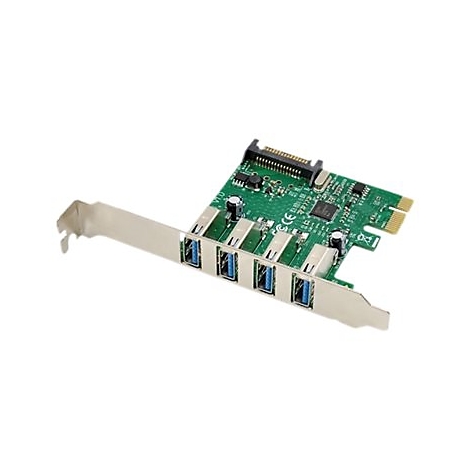 Eine grüne USB-Erweiterungskarte mit vier blauen USB 3.0-Anschlüssen und einem Metallhalter.