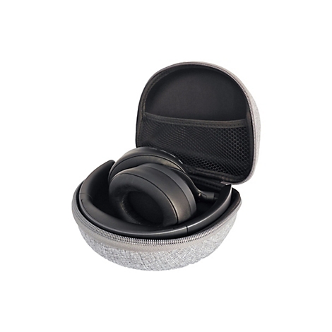 Schwarze Over-Ear-Kopfhörer in einem geöffneten, grauen Textil-Hardcase mit Reißverschluss.
