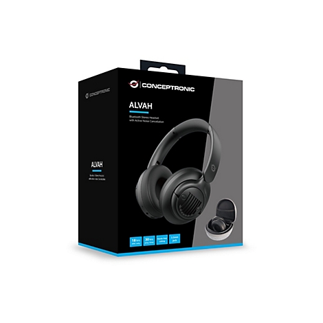 Produktverpackung des schwarzen Conceptronic Alvah Bluetooth-Stereo-Headsets mit Noise-Cancelling-Funktion.