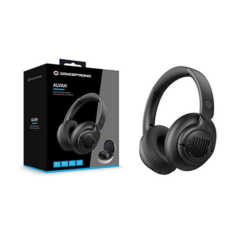 Schwarze Conceptronic Alvah Bluetooth-Kopfhörer neben ihrer Verpackung auf weißem Hintergrund.