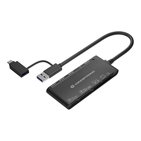 Lecteur de carte noir avec connecteurs USB et USB-C. Plusieurs fentes pour cartes mémoire sont visibles.