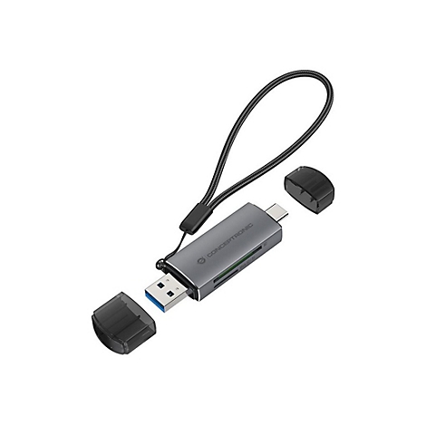 Grauer USB-Speicherkartenleser mit USB-A und USB-C Anschluss, einer Trageschlaufe und zwei abgenommenen Schutzkappen.