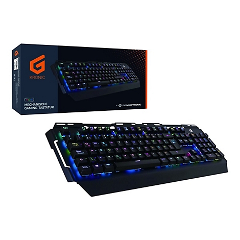 Kronic mechanische Gaming-Tastatur mit RGB-Beleuchtung vor der zugehörigen Produktverpackung.
