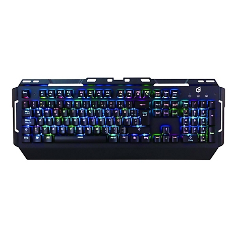 Schwarze Gaming-Tastatur mit bunter RGB-Beleuchtung und deutschem QWERTZ-Layout vor weißem Hintergrund.