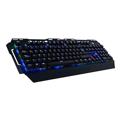 Schwarze Gaming-Tastatur mit bunter RGB-Hintergrundbeleuchtung vor neutralem Hintergrund.