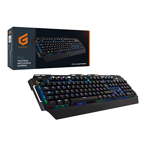 Schwarze Kronic Gaming-Tastatur mit RGB-Beleuchtung vor der zugehörigen Produktverpackung.