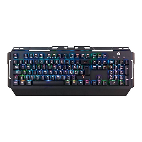 Schwarze Gaming-Tastatur mit RGB-Hintergrundbeleuchtung vor neutralem weißem Hintergrund.