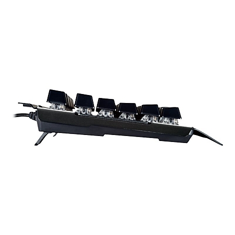 Seitenansicht einer schwarzen mechanischen Gaming-Tastatur mit sichtbaren Schaltern und leicht geneigter Position.
