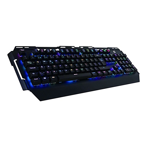 Schwarze Gaming-Tastatur mit RGB-Hintergrundbeleuchtung vor weißem Hintergrund.