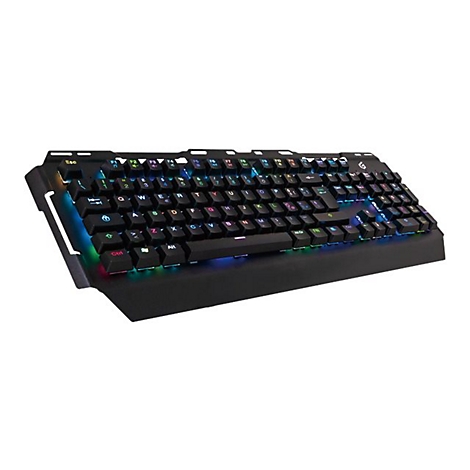 Schwarze Gaming-Tastatur mit RGB-Beleuchtung vor weißem Hintergrund.