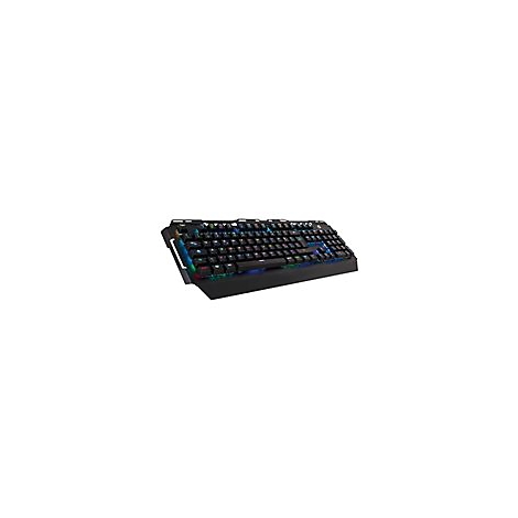 Schwarze Gaming-Tastatur mit beleuchteten Tasten auf weiÃŸem Hintergrund.