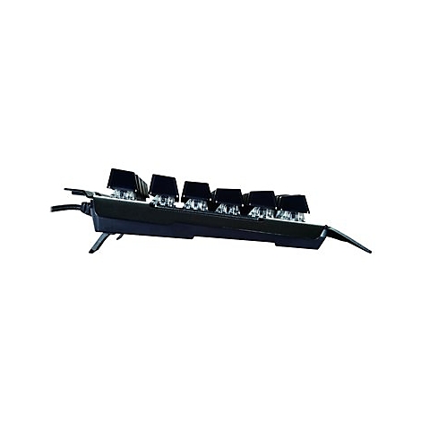 Schwarze mechanische Tastatur im Profil. Sechs Tasten mit sichtbaren Schaltern und einem Kabel.