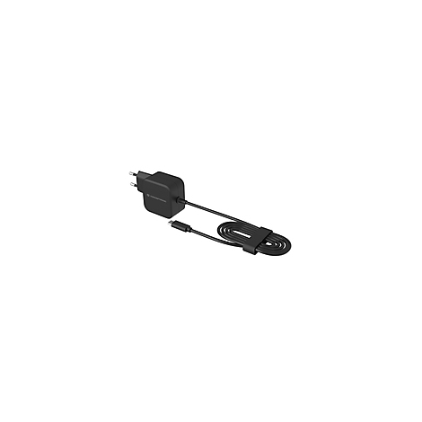 Schwarzes Ladegerät mit USB-C-Kabel, auf weißem Hintergrund.