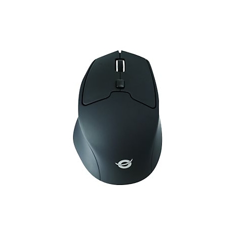 Schwarze ergonomische Maus, Draufsicht, mit Logo.