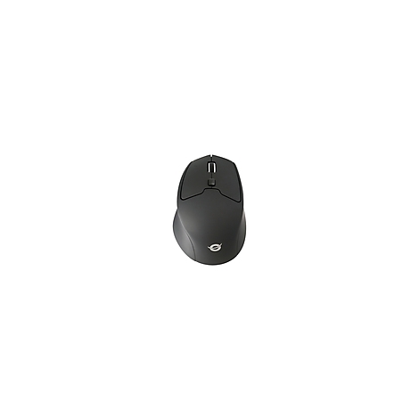 Drahtlose ergonomische Maus in Schwarz, mit seitlichen Tasten und Scrollrad.