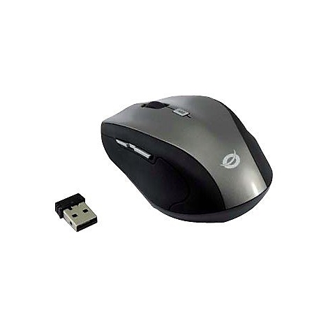 Drahtlose Computermaus in Grau und Schwarz mit USB-Empfänger.