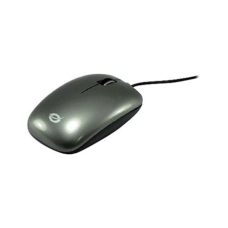 Graue Computermaus mit Kabel. Oben Rolle und Firmenlogo.