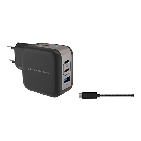 Schwarzes Conceptronic USB-C Ladegerät mit drei Anschlüssen und einem beiliegenden USB-C Kabel vor weißem Hintergrund.