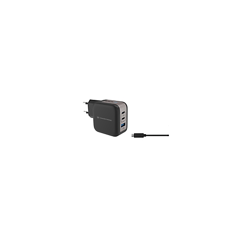 Schwarzes Ladegerät mit Steckdosenanschluss und USB-C Kabel. Grau umrandet. Zwei USB-C Anschlüsse und ein USB-A Anschluss.