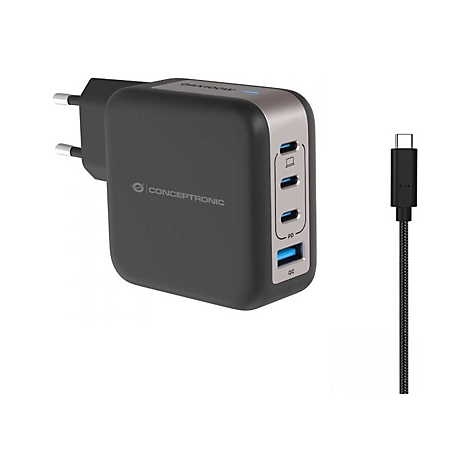 Schwarzes Conceptronic GaN 100W Ladegerät mit vier Anschlüssen und USB-C Kabel vor weißem Hintergrund.