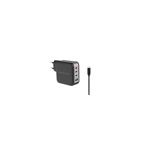 Ein schwarzes Ladegerät mit mehreren USB-Anschlüssen und einem USB-C-Kabel vor weißem Hintergrund.