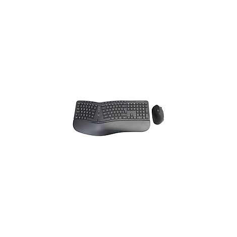 Ergonomische, schwarze Tastatur und Maus auf weißem Hintergrund. Die Tastatur hat eine geschwungene Form mit Handballenauflage.