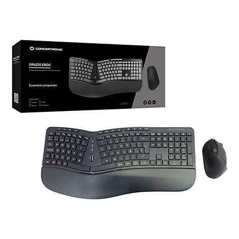 Schwarze, ergonomische Tastatur mit Maus, samt Verpackung. Aufschrift: Orazio Ergo, Essential Companion.