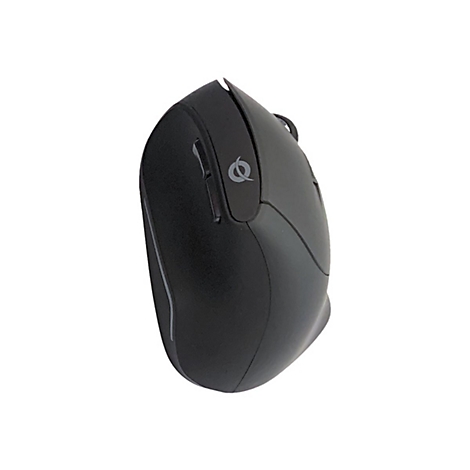 Schwarze ergonomische Maus, seitlich geneigt, mit seitlichen Tasten und Markenlogo.