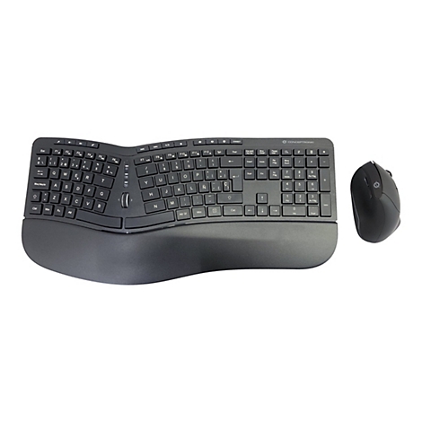Ergonomische Tastatur und Maus in Schwarz. Die Tastatur hat eine geschwungene Form mit Handgelenkauflage.