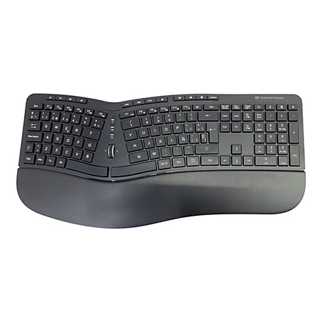 Schwarze ergonomische Tastatur mit Handballenauflage. Die Tasten sind in einem geschwungenen Design angeordnet.