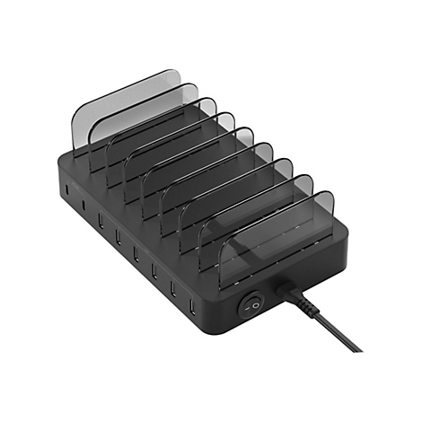 Schwarze Ladestation mit acht Fächern und mehreren USB-Anschlüssen für verschiedene Geräte vor weißem Hintergrund.