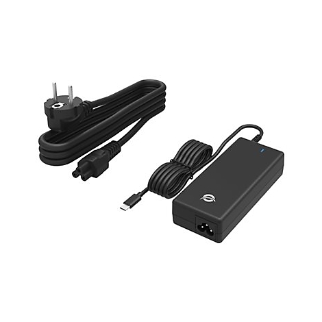 Ein schwarzes Laptop-Netzteil mit Kabeln und Stecker. Oben links ein Stecker, rechts das Netzteil mit Logo.