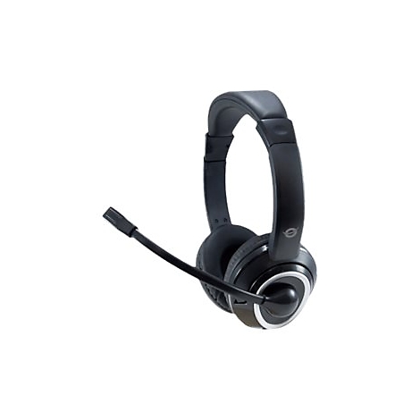 Schwarzes Headset mit Mikrofon vor weiÃŸem Hintergrund. Der BÃ¼gel ist oben abgerundet, die Ohrmuscheln rund und silber umrandet.