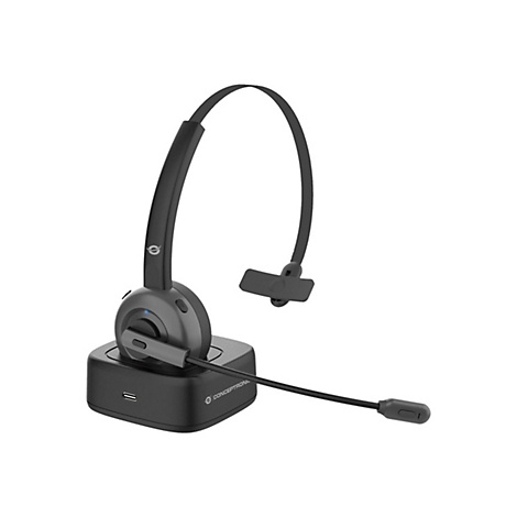 Drahtloses Headset auf Ladestation. Schwarz und grau, mit Mikrofon und Logoschriftzug.