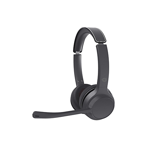 Schwarzes On-Ear-Headset mit verstellbarem Kopfbügel, Lederpolstern und einem ausladenden Mikrofonarm.