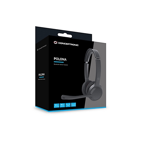 Schwarze Conceptronic Polona Bluetooth-Headset-Verpackung mit abgebildetem Kopfhörer und technischen Daten.