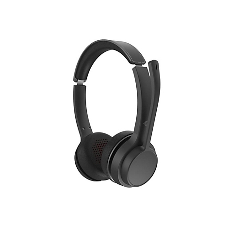 Schwarzes On-Ear-Headset mit gepolstertem Kopfbügel und Mikrofonarm vor weißem Hintergrund.