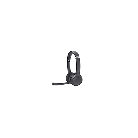 Dunkelgraues Headset, Mikrofon am linken Ohr, Bügel über dem Kopf, Ohrmuscheln rund.