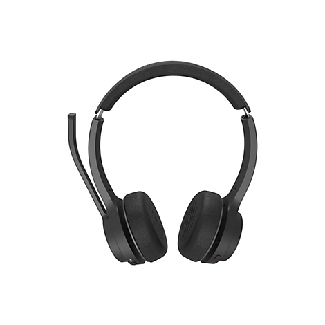 Schwarzes On-Ear-Headset mit gepolstertem Kopfbügel, weichen Ohrpolstern und Mikrofonarm vor weißem Hintergrund.