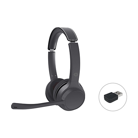 Dunkelgraues kabelloses Headset mit Mikrofonarm und separatem USB-Dongle auf weißem Hintergrund.