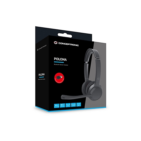 Conceptronic Polona Bluetooth-Headset in schwarzer Verpackung mit Mikrofonarm und Produktinfos.