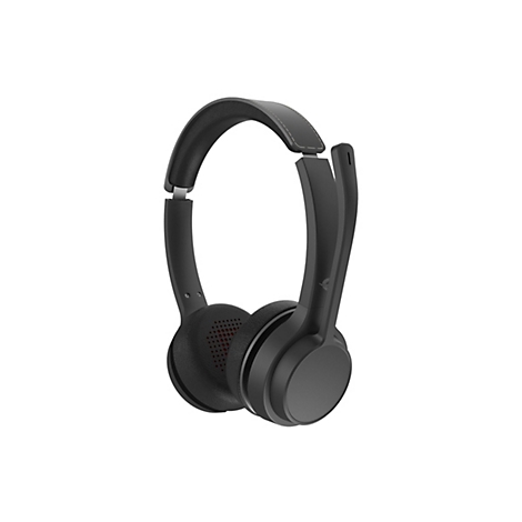 Schwarzes On-Ear-Headset mit Kopfbügel und Mikrofonarm vor weißem Hintergrund.