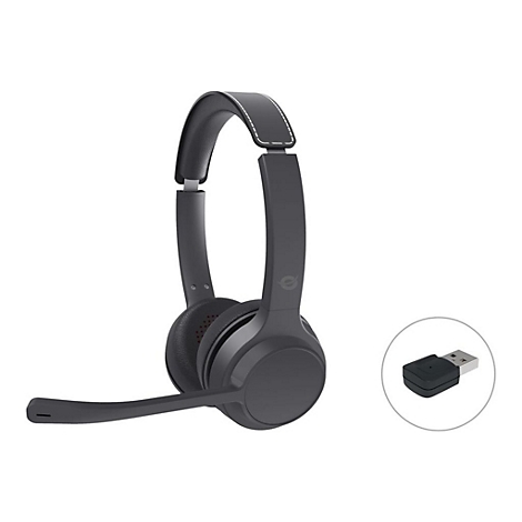 Schwarzes On-Ear-Headset mit ausklappbarem Mikrofonarm und separatem USB-Dongle auf weißem Hintergrund.