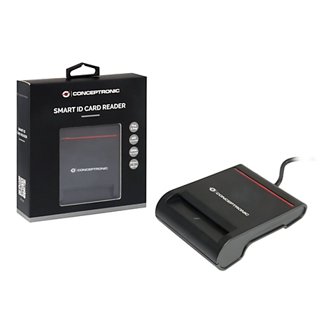 Schwarzer Conceptronic Smart-ID-Kartenleser mit dazugehöriger Verpackung vor weißem Hintergrund.